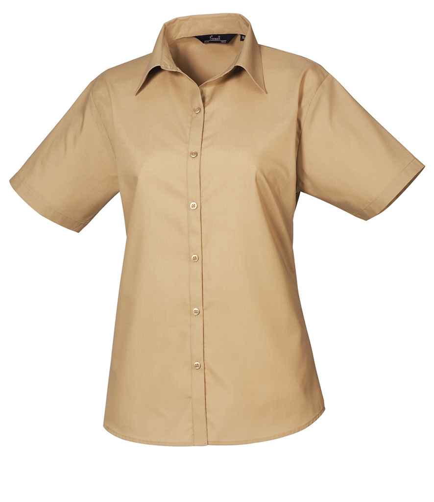 Premier Ladies Short Sleeve Poplin Blouse - (3rd Colours) in Khaki by Premier — Custom branded clothing by Print Press, featuring premium embroidery produced in our specialist print lab in the UK.