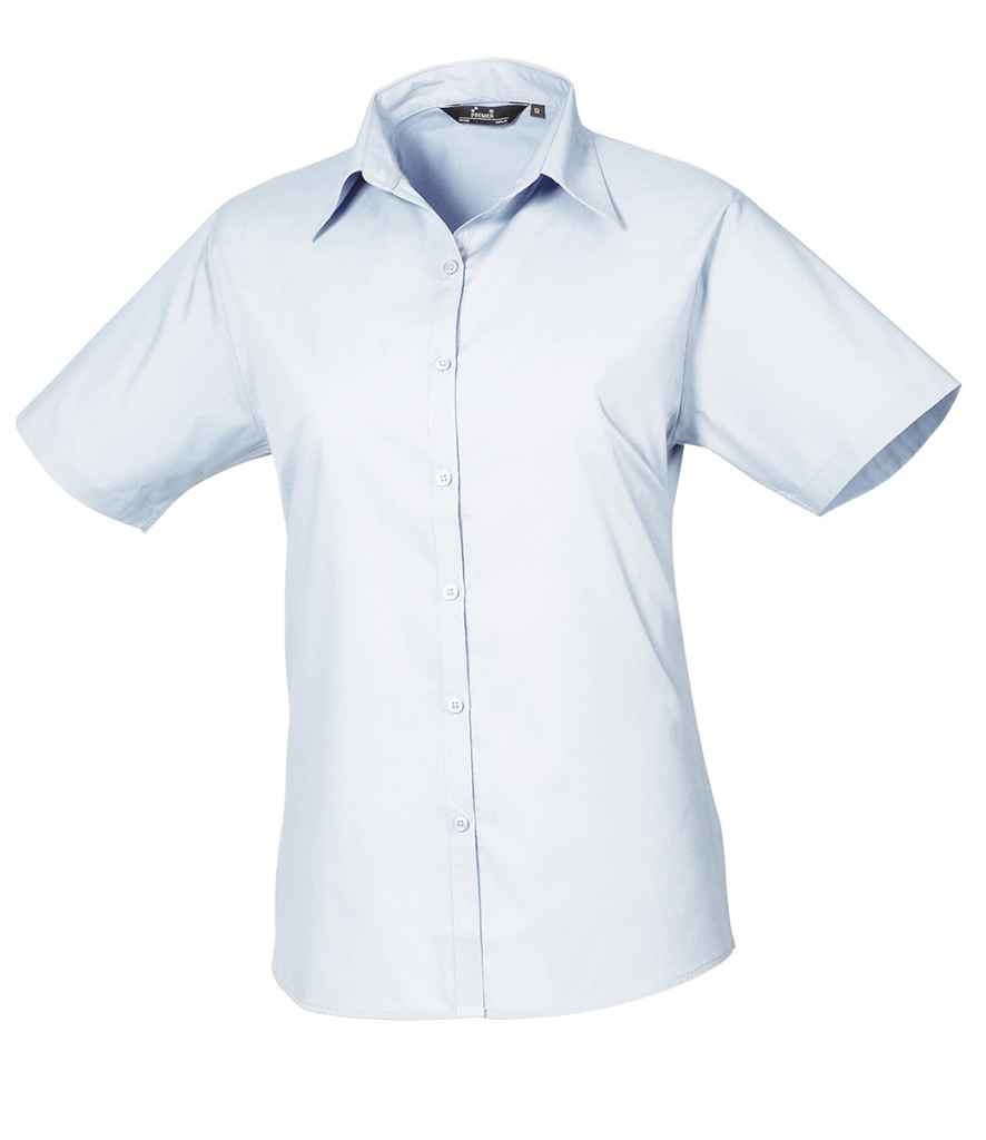 Premier Ladies Short Sleeve Poplin Blouse in Light Blue by Premier — Custom branded clothing by Print Press, featuring premium embroidery produced in our specialist print lab in the UK.