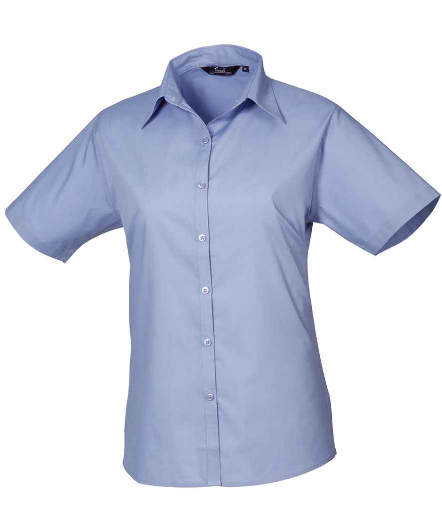 Premier Ladies Short Sleeve Poplin Blouse in Mid Blue by Premier — Custom branded clothing by Print Press, featuring premium embroidery produced in our specialist print lab in the UK.