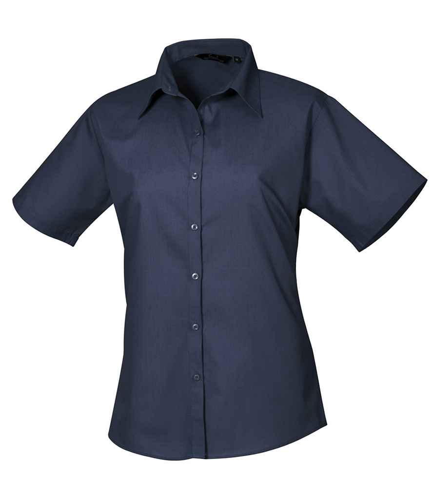Premier Ladies Short Sleeve Poplin Blouse in Navy by Premier — Custom branded clothing by Print Press, featuring premium embroidery produced in our specialist print lab in the UK.