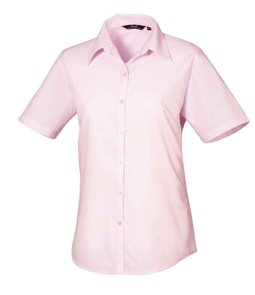 Premier Ladies Short Sleeve Poplin Blouse - (4th Colours) in Pink by Premier — Custom branded clothing by Print Press, featuring premium embroidery produced in our specialist print lab in the UK.