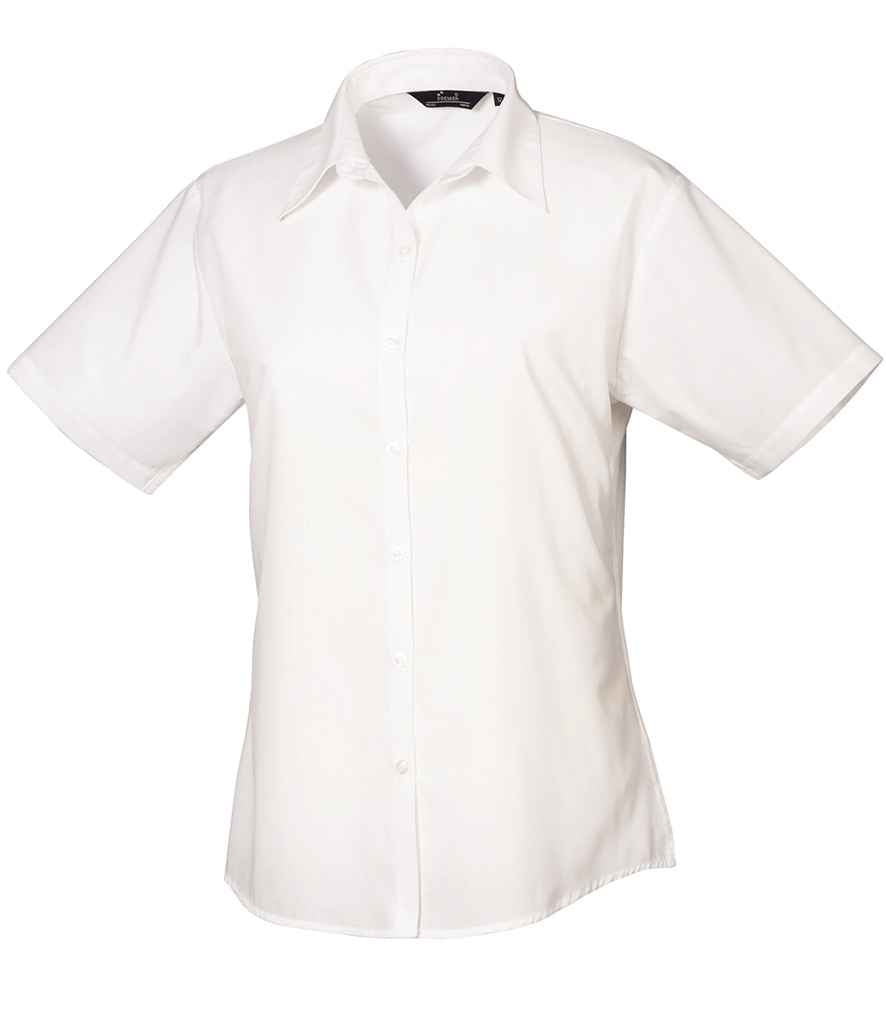 Premier Ladies Short Sleeve Poplin Blouse in White by Premier — Custom branded clothing by Print Press, featuring premium embroidery produced in our specialist print lab in the UK.