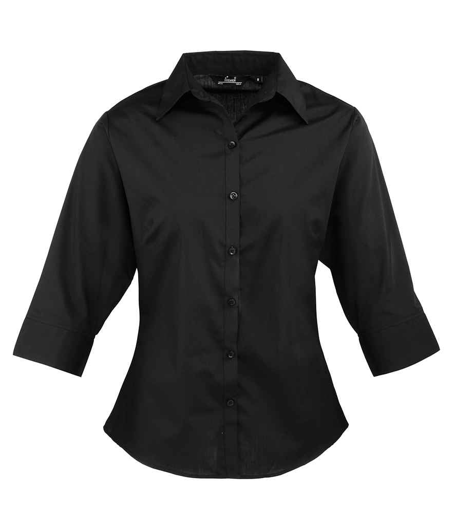 Premier Ladies 3/4 Sleeve Poplin Blouse in Black by Premier — Custom branded clothing by Print Press, featuring premium embroidery produced in our specialist print lab in the UK.