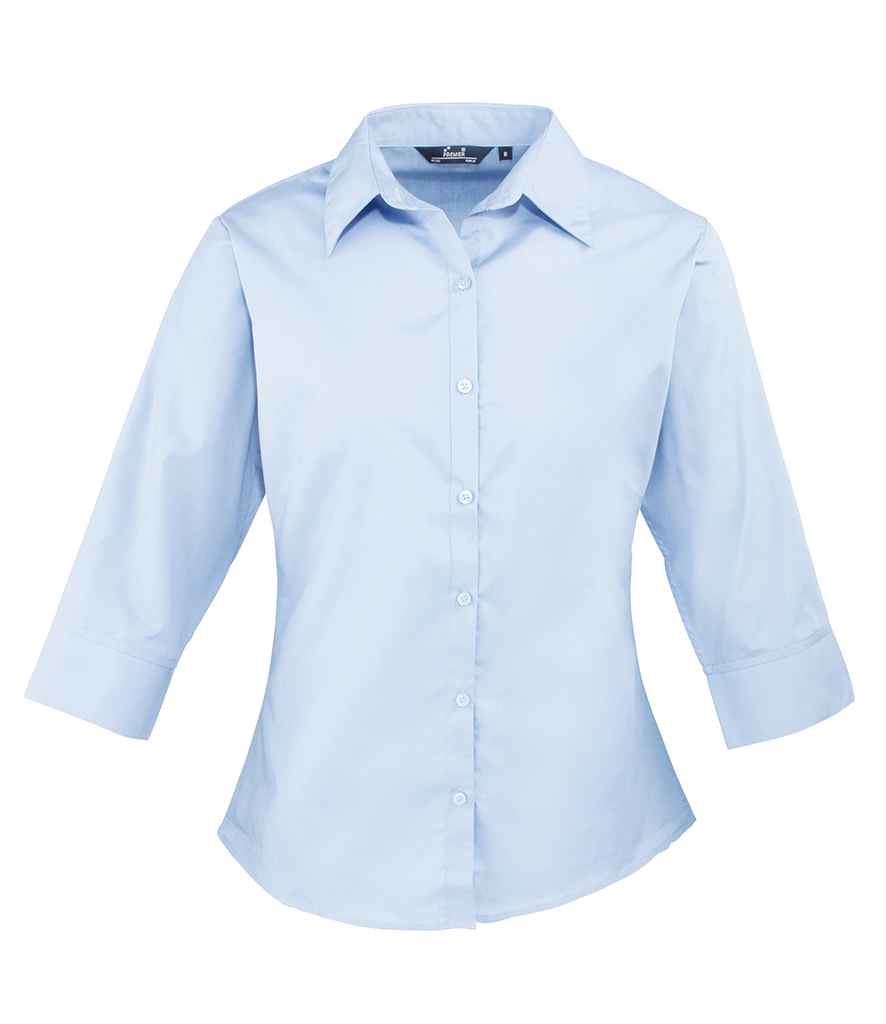 Premier Ladies 3/4 Sleeve Poplin Blouse in Light Blue by Premier — Custom branded clothing by Print Press, featuring premium embroidery produced in our specialist print lab in the UK.