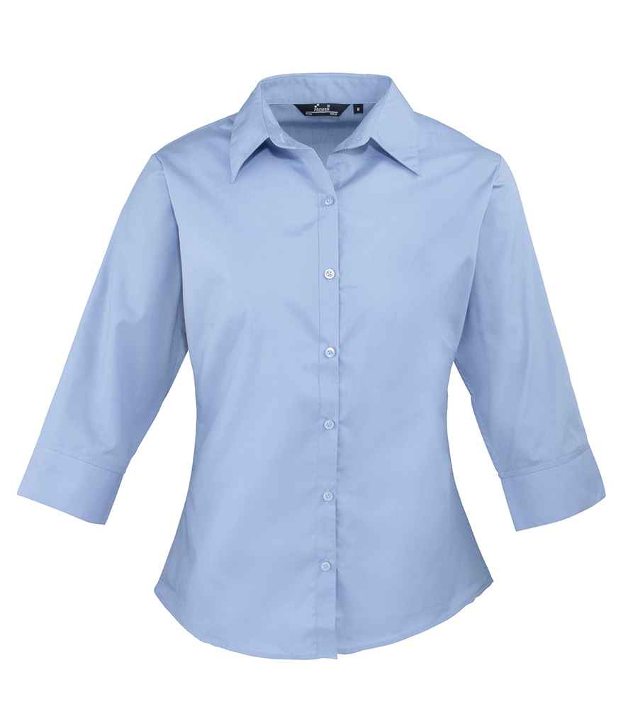Premier Ladies 3/4 Sleeve Poplin Blouse in Mid Blue by Premier — Custom branded clothing by Print Press, featuring premium embroidery produced in our specialist print lab in the UK.