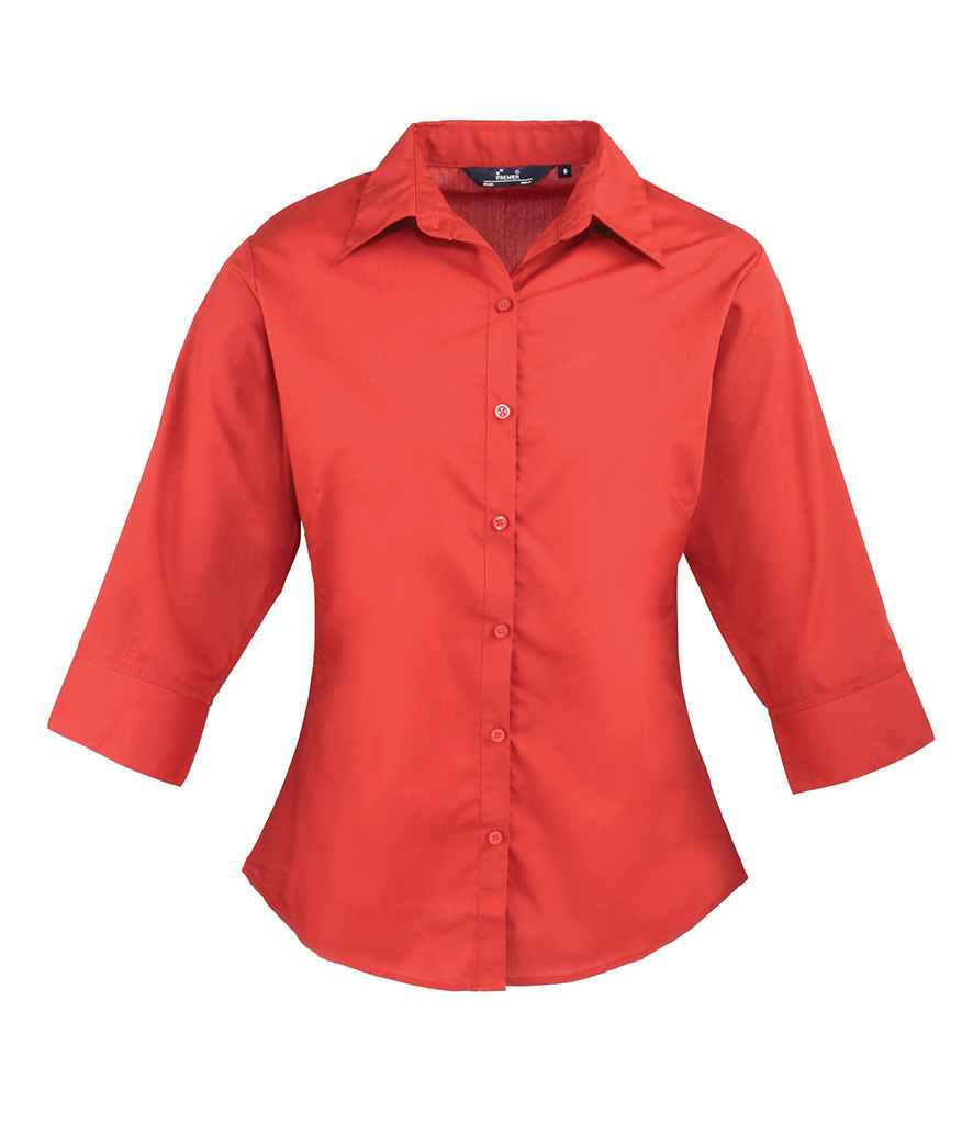 Premier Ladies 3/4 Sleeve Poplin Blouse in Red by Premier — Custom branded clothing by Print Press, featuring premium embroidery produced in our specialist print lab in the UK.