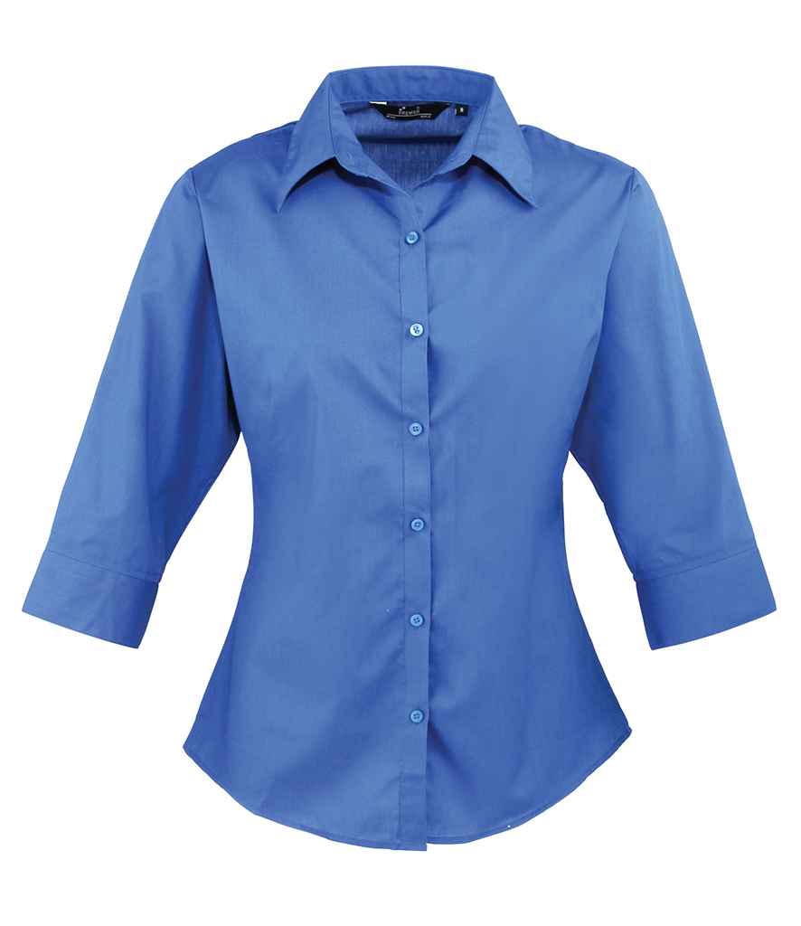 Premier Ladies 3/4 Sleeve Poplin Blouse in Royal Blue by Premier — Custom branded clothing by Print Press, featuring premium embroidery produced in our specialist print lab in the UK.