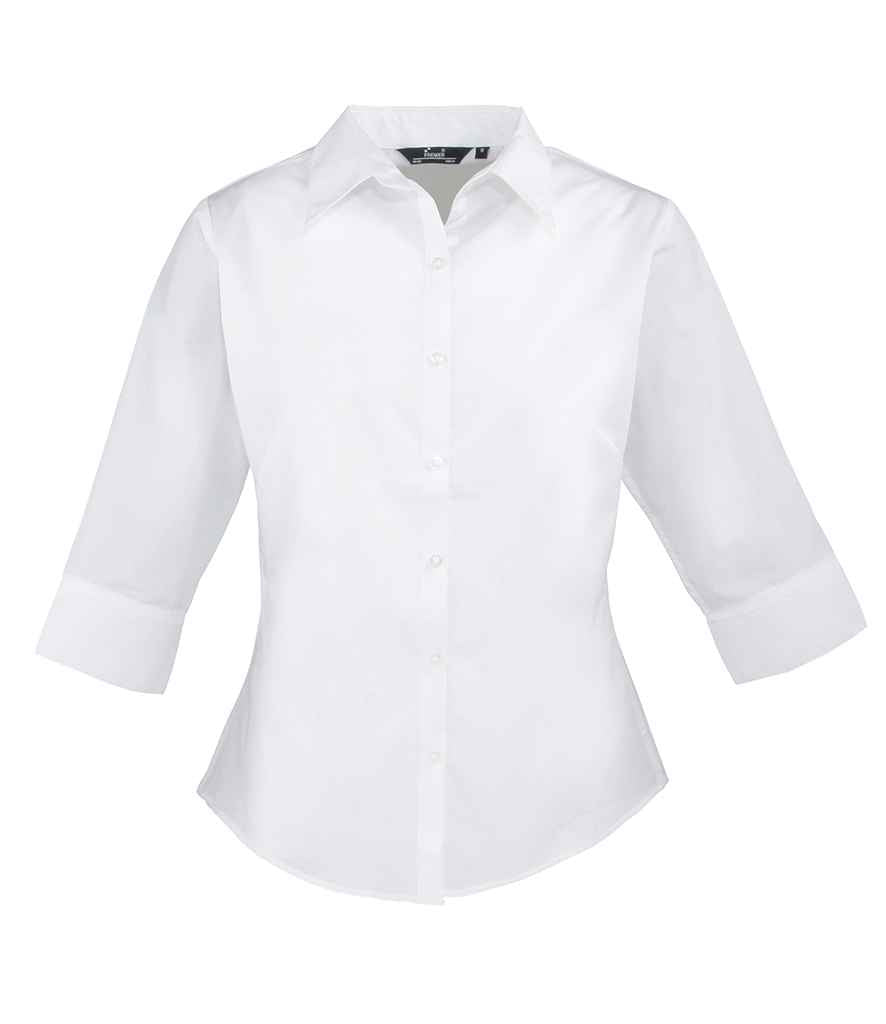 Premier Ladies 3/4 Sleeve Poplin Blouse in White by Premier — Custom branded clothing by Print Press, featuring premium embroidery produced in our specialist print lab in the UK.