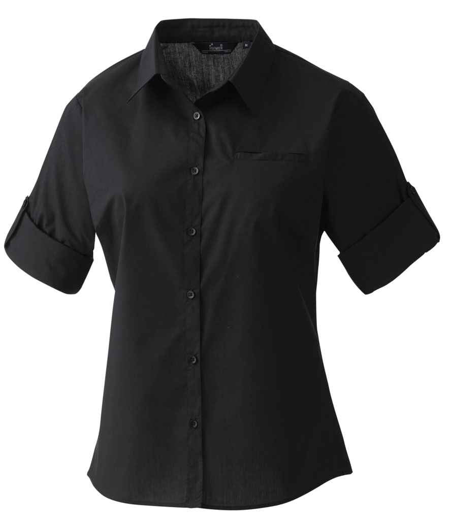 Premier Ladies Roll Sleeve Poplin Blouse in by Premier — Custom branded clothing by Print Press, featuring premium embroidery produced in our specialist print lab in the UK.