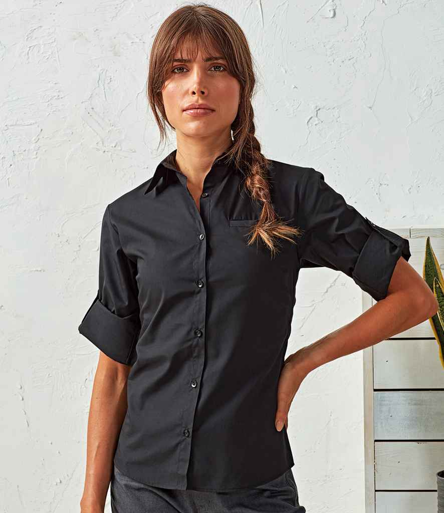 Premier Ladies Roll Sleeve Poplin Blouse in Black by Premier — Custom branded clothing by Print Press, featuring premium embroidery produced in our specialist print lab in the UK.