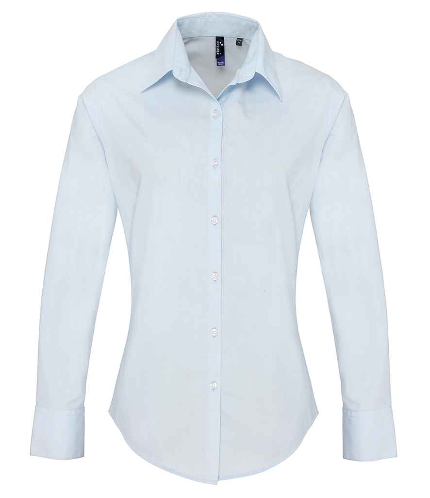 Premier Ladies Supreme Long Sleeve Poplin Shirt in Light Blue by Premier — Custom branded clothing by Print Press, featuring premium embroidery produced in our specialist print lab in the UK.