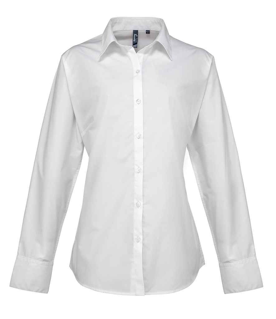 Premier Ladies Supreme Long Sleeve Poplin Shirt in White by Premier — Custom branded clothing by Print Press, featuring premium embroidery produced in our specialist print lab in the UK.