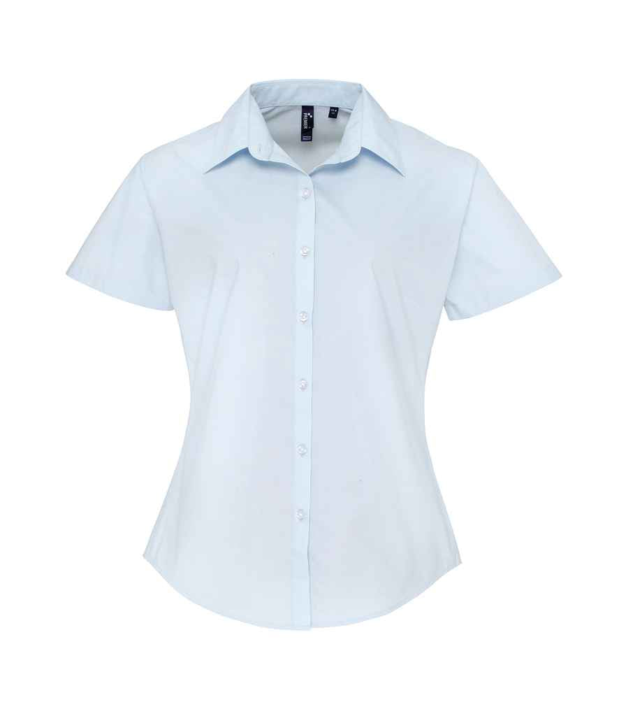 Premier Ladies Supreme Short Sleeve Poplin Shirt in Light Blue by Premier — Custom branded clothing by Print Press, featuring premium embroidery produced in our specialist print lab in the UK.