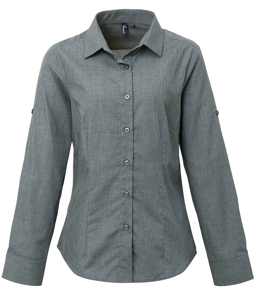 Premier Ladies Cross-Dye Roll Sleeve Shirt in Grey Denim by Premier — Custom branded clothing by Print Press, featuring premium embroidery produced in our specialist print lab in the UK.