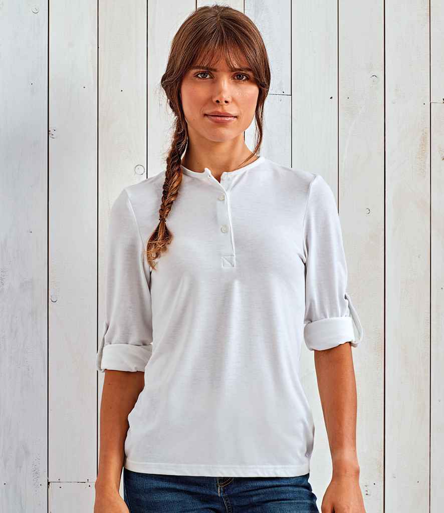 Premier Ladies Long John Roll Sleeve T-Shirt in White by Premier — Custom branded clothing by Print Press, featuring premium embroidery produced in our specialist print lab in the UK.