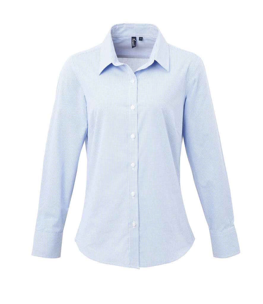 Premier Ladies Gingham Long Sleeve Shirt in Light Blue White by Premier — Custom branded clothing by Print Press, featuring premium embroidery produced in our specialist print lab in the UK.