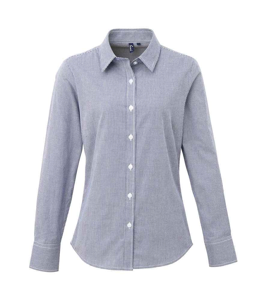 Premier Ladies Gingham Long Sleeve Shirt in Navy White by Premier — Custom branded clothing by Print Press, featuring premium embroidery produced in our specialist print lab in the UK.