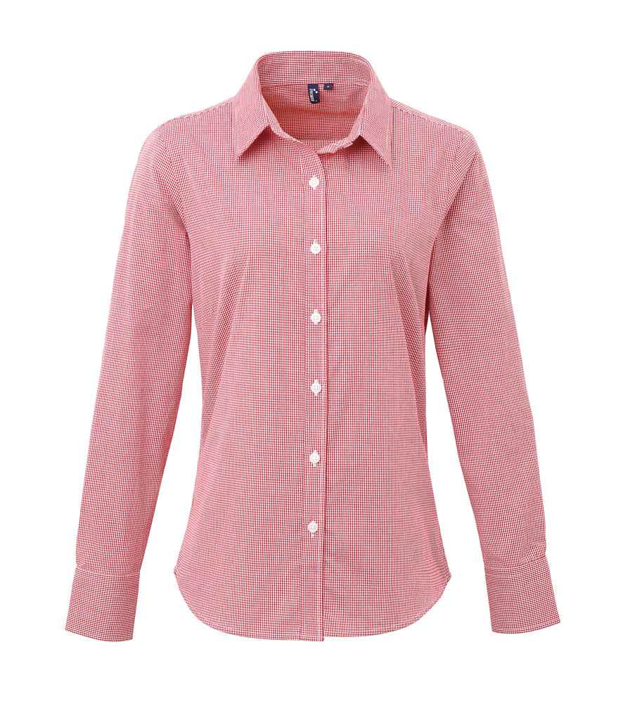 Premier Ladies Gingham Long Sleeve Shirt in Red White by Premier — Custom branded clothing by Print Press, featuring premium embroidery produced in our specialist print lab in the UK.