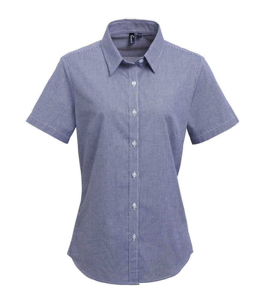 Premier Ladies Gingham Short Sleeve Shirt in Navy White by Premier — Custom branded clothing by Print Press, featuring premium embroidery produced in our specialist print lab in the UK.
