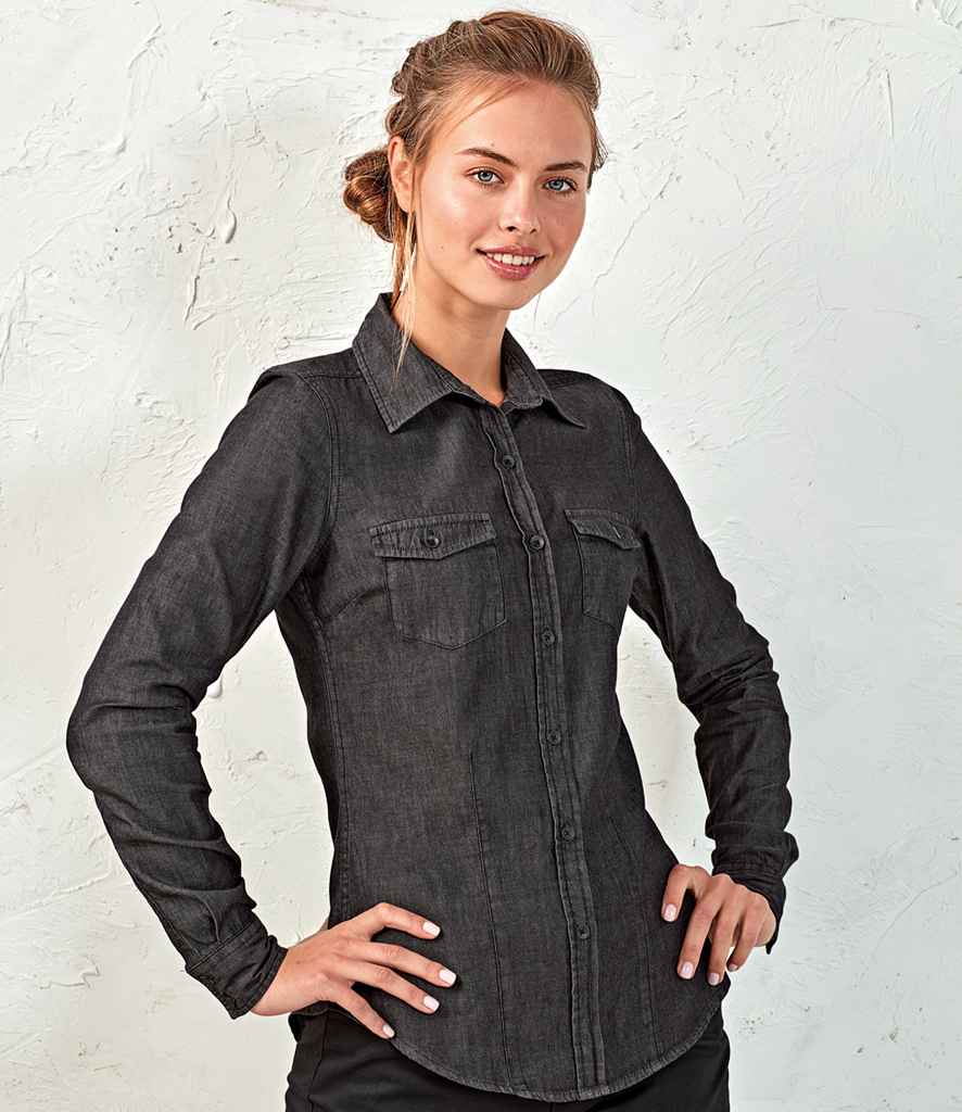 Premier Ladies Jeans Stitch Denim Shirt in Black Denim by Premier — Custom branded clothing by Print Press, featuring premium embroidery produced in our specialist print lab in the UK.