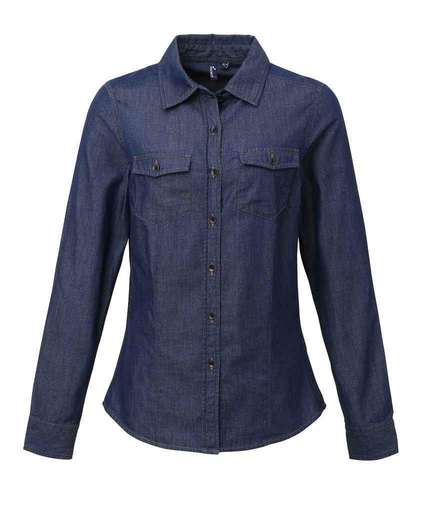 Premier Ladies Jeans Stitch Denim Shirt in Indigo Denim by Premier — Custom branded clothing by Print Press, featuring premium embroidery produced in our specialist print lab in the UK.