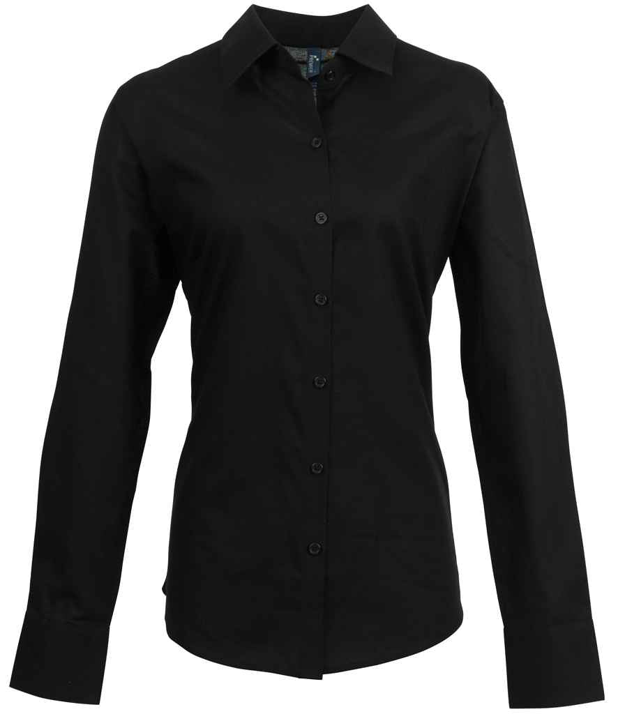 Premier Ladies Signature Long Sleeve Oxford Shirt in Black by Premier — Custom branded clothing by Print Press, featuring premium embroidery produced in our specialist print lab in the UK.