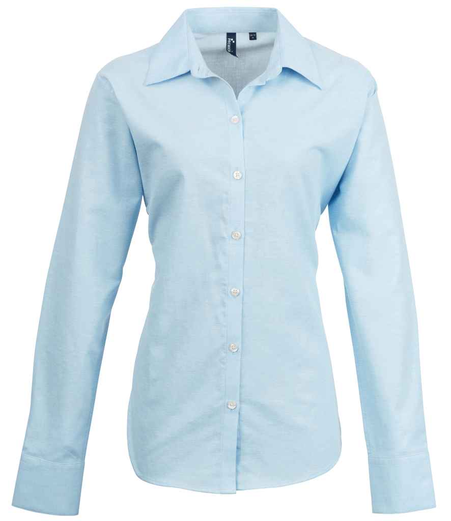 Premier Ladies Signature Long Sleeve Oxford Shirt in Light Blue by Premier — Custom branded clothing by Print Press, featuring premium embroidery produced in our specialist print lab in the UK.