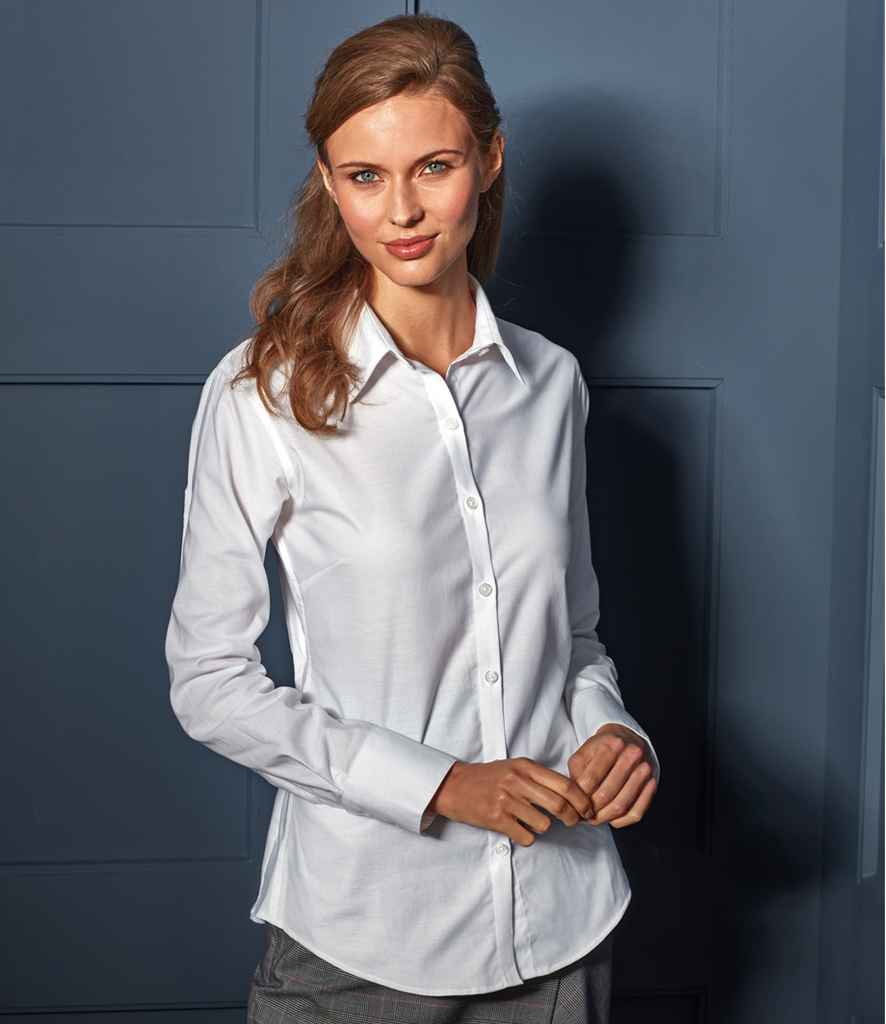 Premier Ladies Signature Long Sleeve Oxford Shirt in White by Premier — Custom branded clothing by Print Press, featuring premium embroidery produced in our specialist print lab in the UK.