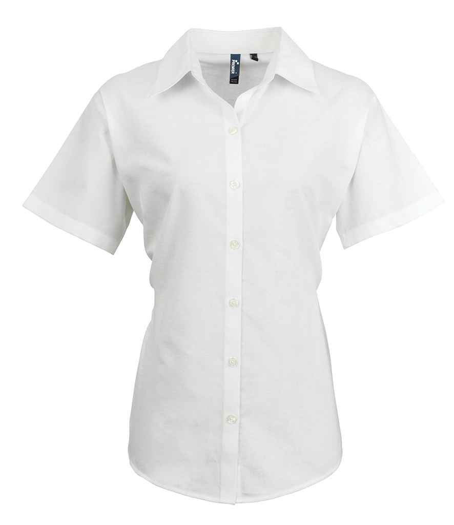 Premier Ladies Signature Short Sleeve Oxford Shirt in White by Premier — Custom branded clothing by Print Press, featuring premium embroidery produced in our specialist print lab in the UK.