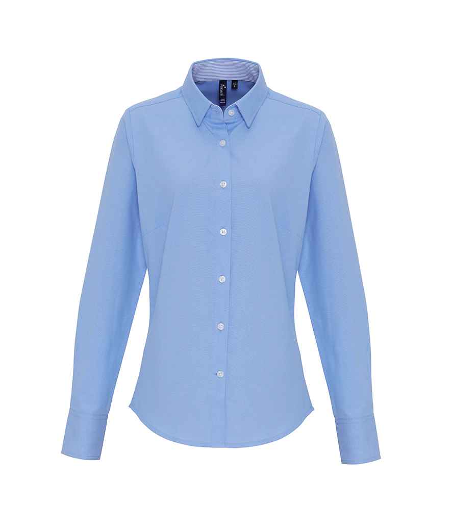 Premier Ladies Long Sleeve Striped Oxford Shirt in Oxford Blue by Premier — Custom branded clothing by Print Press, featuring premium embroidery produced in our specialist print lab in the UK.