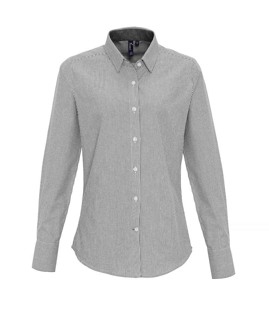 Premier Ladies Long Sleeve Striped Oxford Shirt in White Grey by Premier — Custom branded clothing by Print Press, featuring premium embroidery produced in our specialist print lab in the UK.