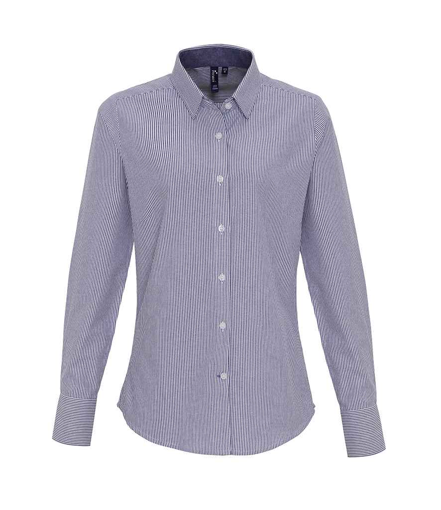 Premier Ladies Long Sleeve Striped Oxford Shirt in by Premier — Custom branded clothing by Print Press, featuring premium embroidery produced in our specialist print lab in the UK.