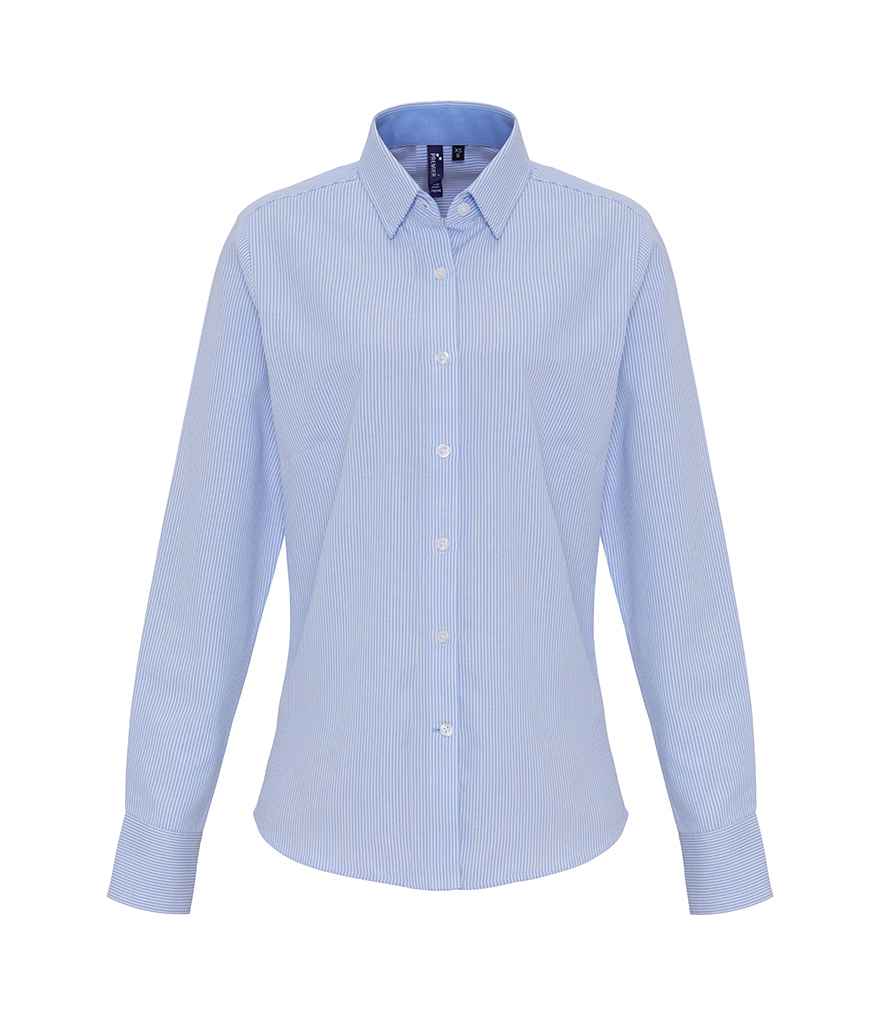 Premier Ladies Long Sleeve Striped Oxford Shirt in White Oxford Blue by Premier — Custom branded clothing by Print Press, featuring premium embroidery produced in our specialist print lab in the UK.