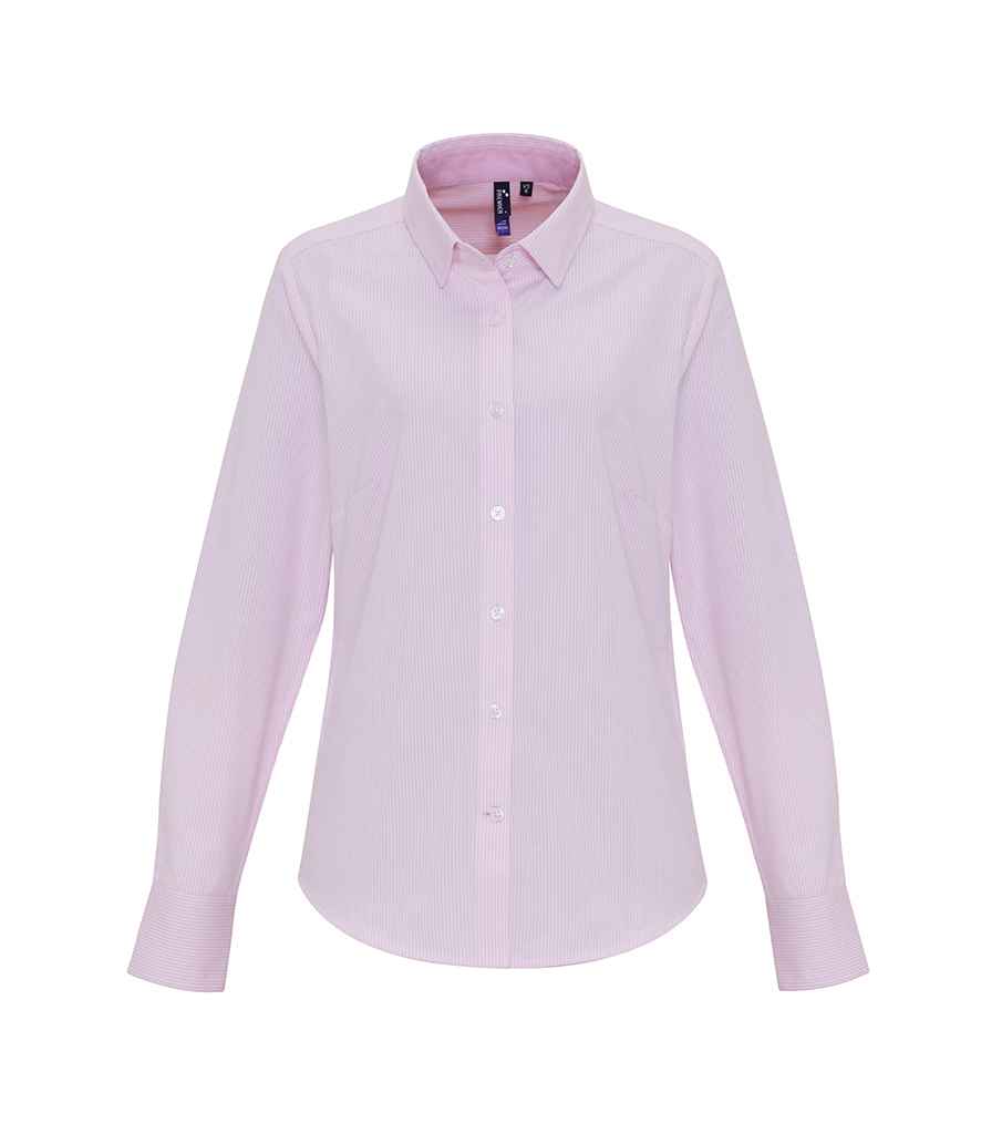 Premier Ladies Long Sleeve Striped Oxford Shirt in White Pink by Premier — Custom branded clothing by Print Press, featuring premium embroidery produced in our specialist print lab in the UK.