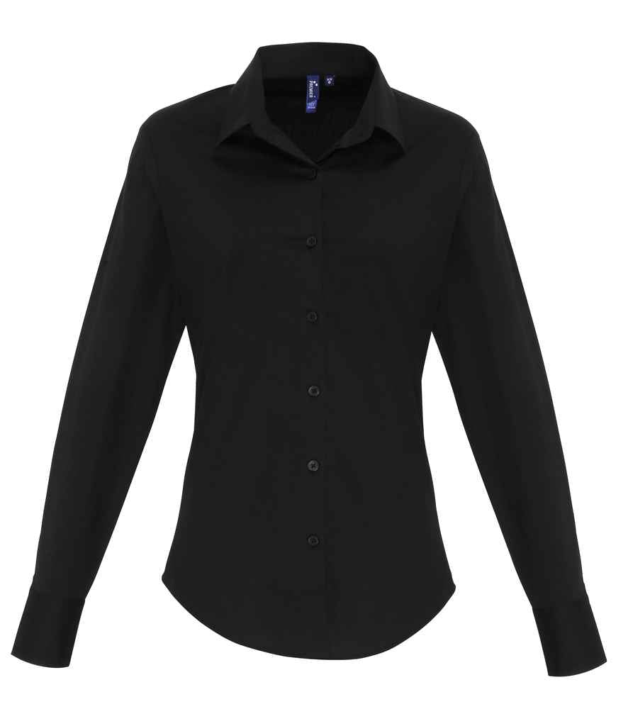Premier Ladies Long Sleeve Stretch Fit Poplin Shirt in Black by Premier — Custom branded clothing by Print Press, featuring premium embroidery produced in our specialist print lab in the UK.