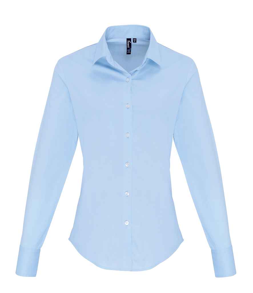 Premier Ladies Long Sleeve Stretch Fit Poplin Shirt in Pale Blue by Premier — Custom branded clothing by Print Press, featuring premium embroidery produced in our specialist print lab in the UK.