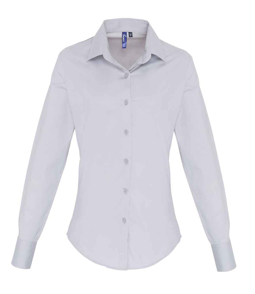 Premier Ladies Long Sleeve Stretch Fit Poplin Shirt in Silver by Premier — Custom branded clothing by Print Press, featuring premium embroidery produced in our specialist print lab in the UK.