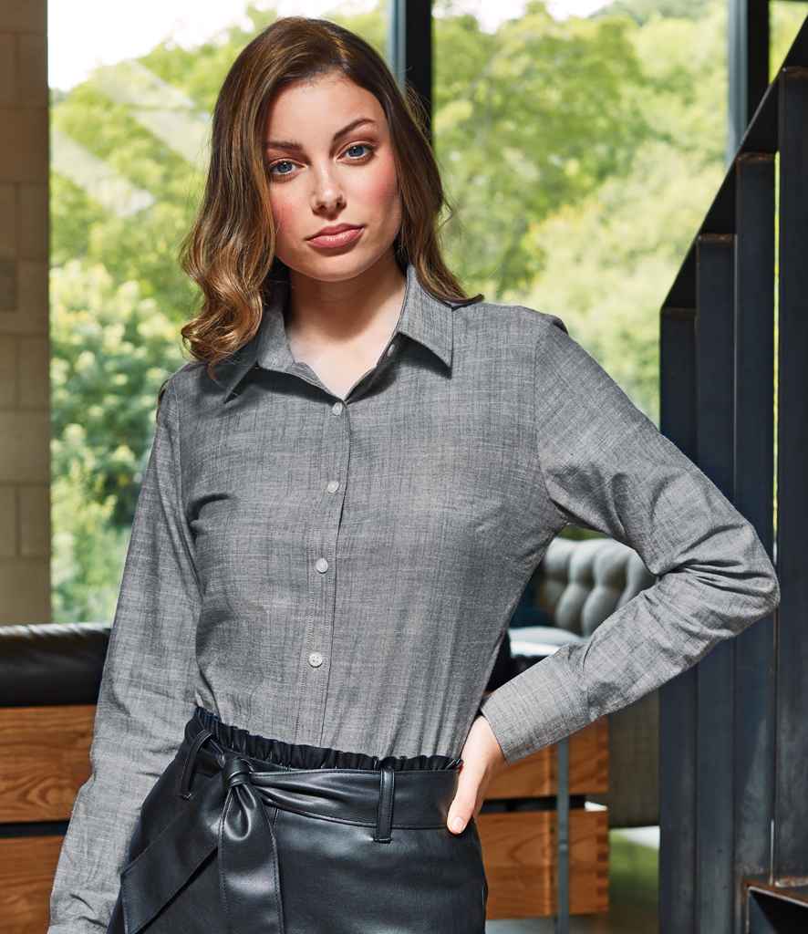 Premier Ladies Long Sleeve Chambray Shirt in Grey by Premier — Custom branded clothing by Print Press, featuring premium embroidery produced in our specialist print lab in the UK.