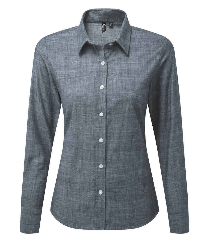 Premier Ladies Long Sleeve Chambray Shirt in Indigo by Premier — Custom branded clothing by Print Press, featuring premium embroidery produced in our specialist print lab in the UK.