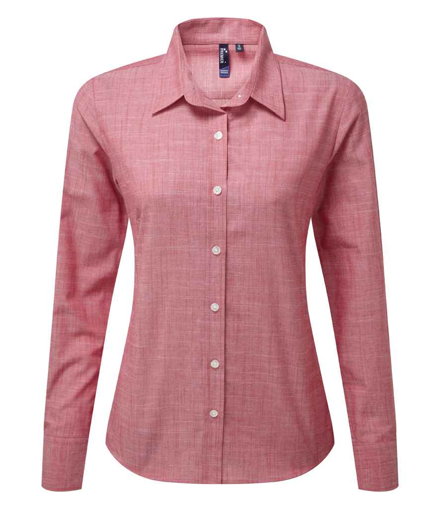 Premier Ladies Long Sleeve Chambray Shirt in Red by Premier — Custom branded clothing by Print Press, featuring premium embroidery produced in our specialist print lab in the UK.