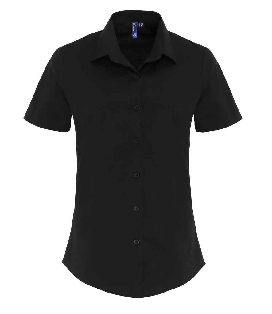 Premier Ladies Short Sleeve Stretch Fit Poplin Shirt in Black by Premier — Custom branded clothing by Print Press, featuring premium embroidery produced in our specialist print lab in the UK.