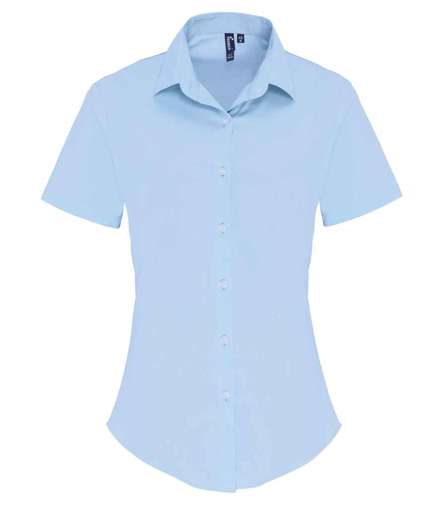 Premier Ladies Short Sleeve Stretch Fit Poplin Shirt in Pale Blue by Premier — Custom branded clothing by Print Press, featuring premium embroidery produced in our specialist print lab in the UK.