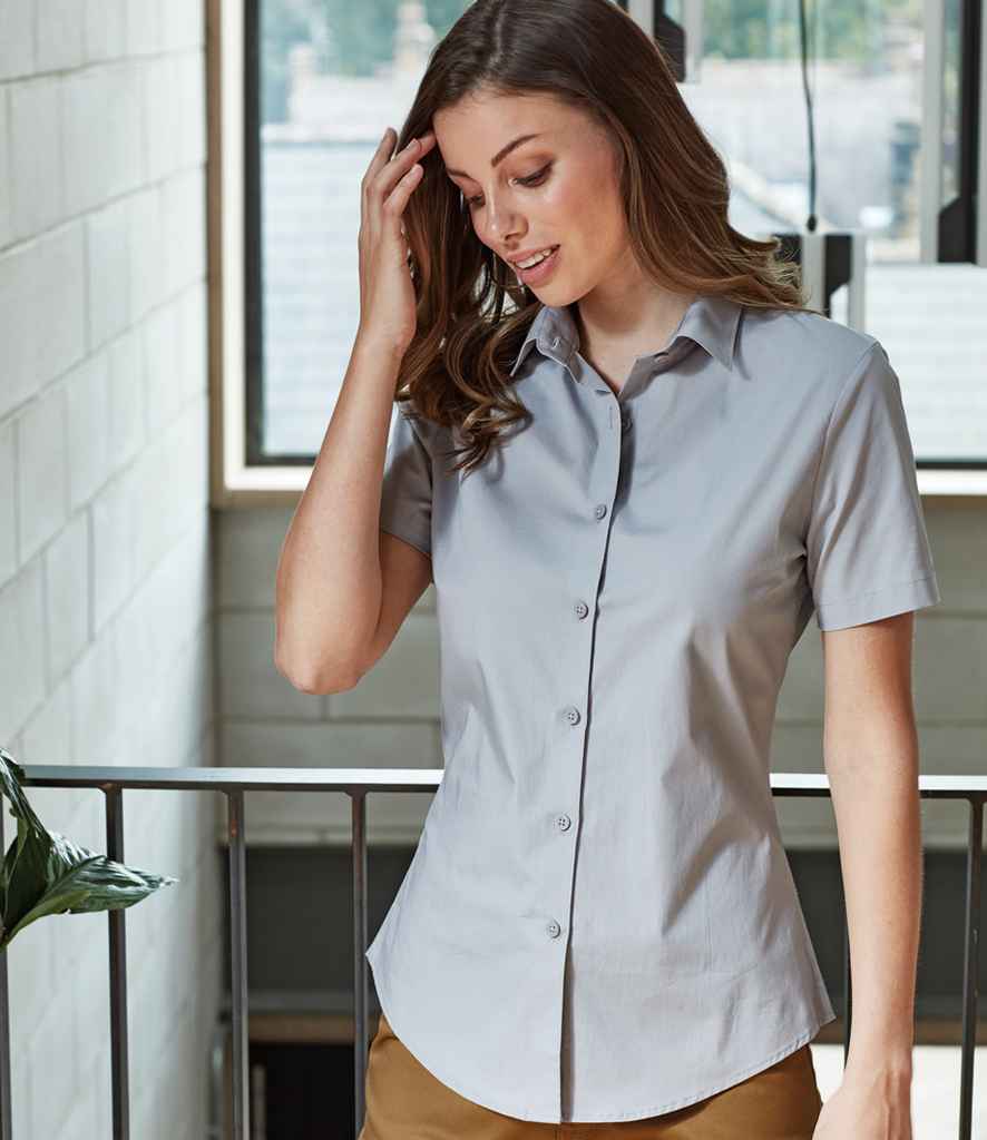 Premier Ladies Short Sleeve Stretch Fit Poplin Shirt in Silver by Premier — Custom branded clothing by Print Press, featuring premium embroidery produced in our specialist print lab in the UK.