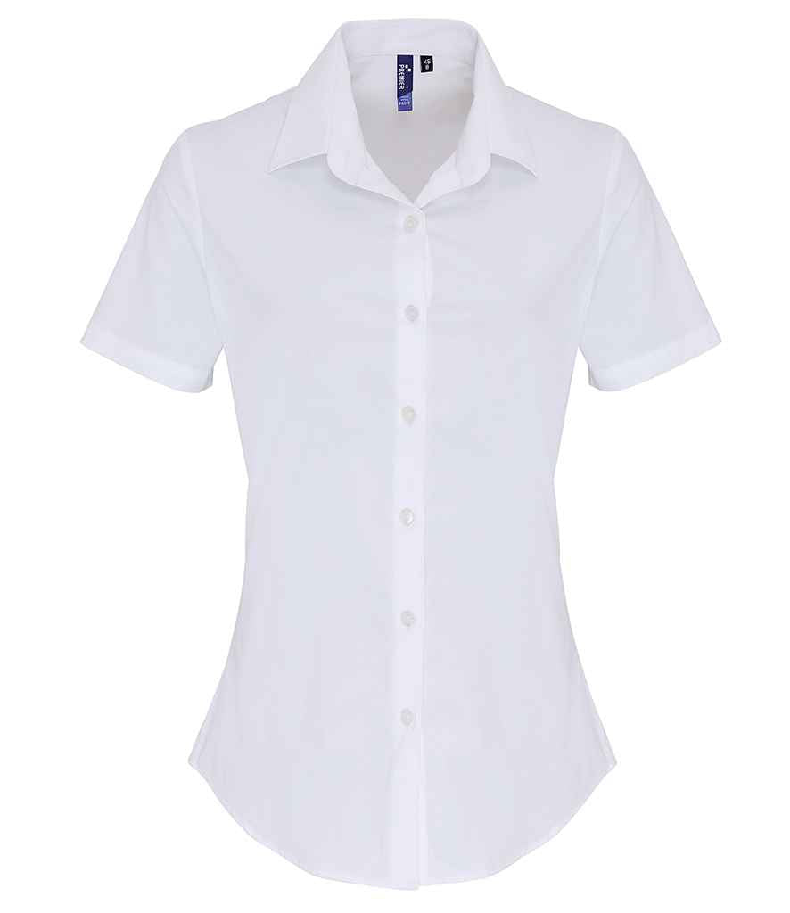 Premier Ladies Short Sleeve Stretch Fit Poplin Shirt in White by Premier — Custom branded clothing by Print Press, featuring premium embroidery produced in our specialist print lab in the UK.