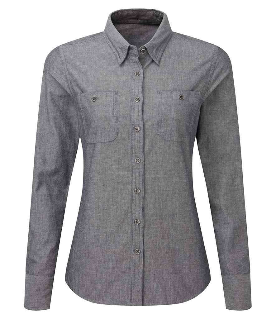 Premier Ladies Organic Fairtrade Certified Long Sleeve Chambray Shirt in Grey Denim by Premier — Custom branded clothing by Print Press, featuring premium embroidery produced in our specialist print lab in the UK.