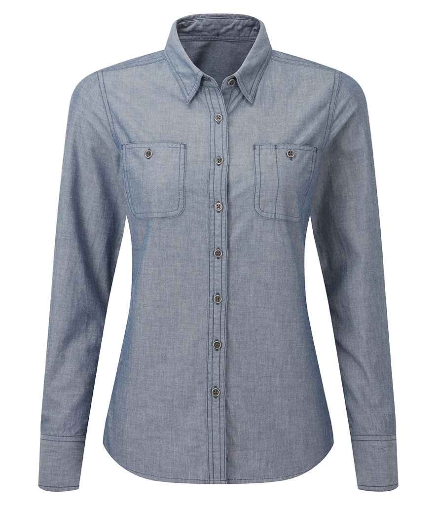 Premier Ladies Organic Fairtrade Certified Long Sleeve Chambray Shirt in by Premier — Custom branded clothing by Print Press, featuring premium embroidery produced in our specialist print lab in the UK.