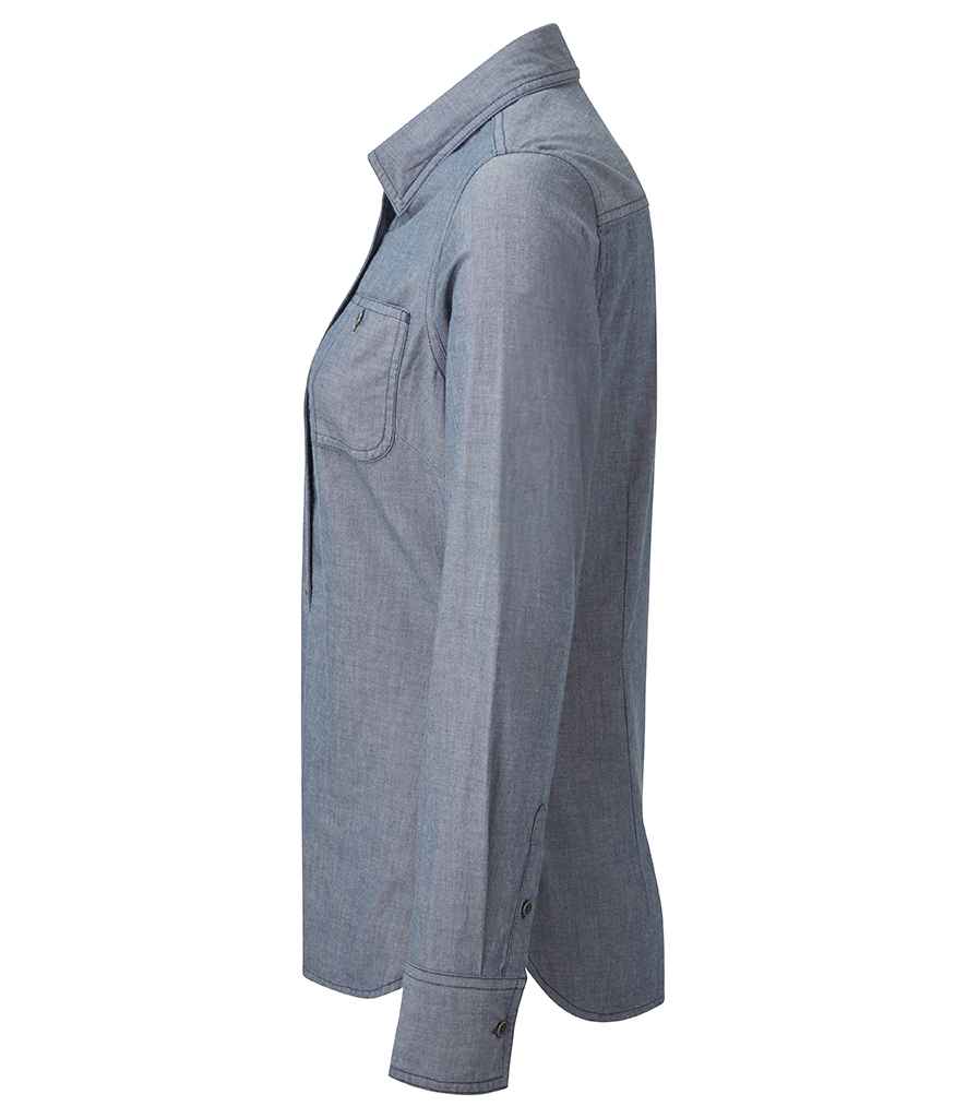 Premier Ladies Organic Fairtrade Certified Long Sleeve Chambray Shirt in by Premier — Custom branded clothing by Print Press, featuring premium embroidery produced in our specialist print lab in the UK.
