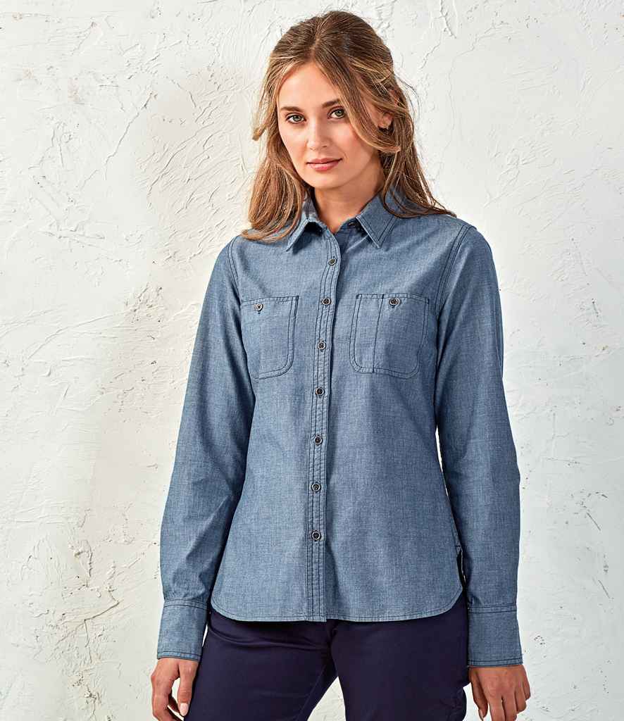 Premier Ladies Organic Fairtrade Certified Long Sleeve Chambray Shirt in Indigo Denim by Premier — Custom branded clothing by Print Press, featuring premium embroidery produced in our specialist print lab in the UK.