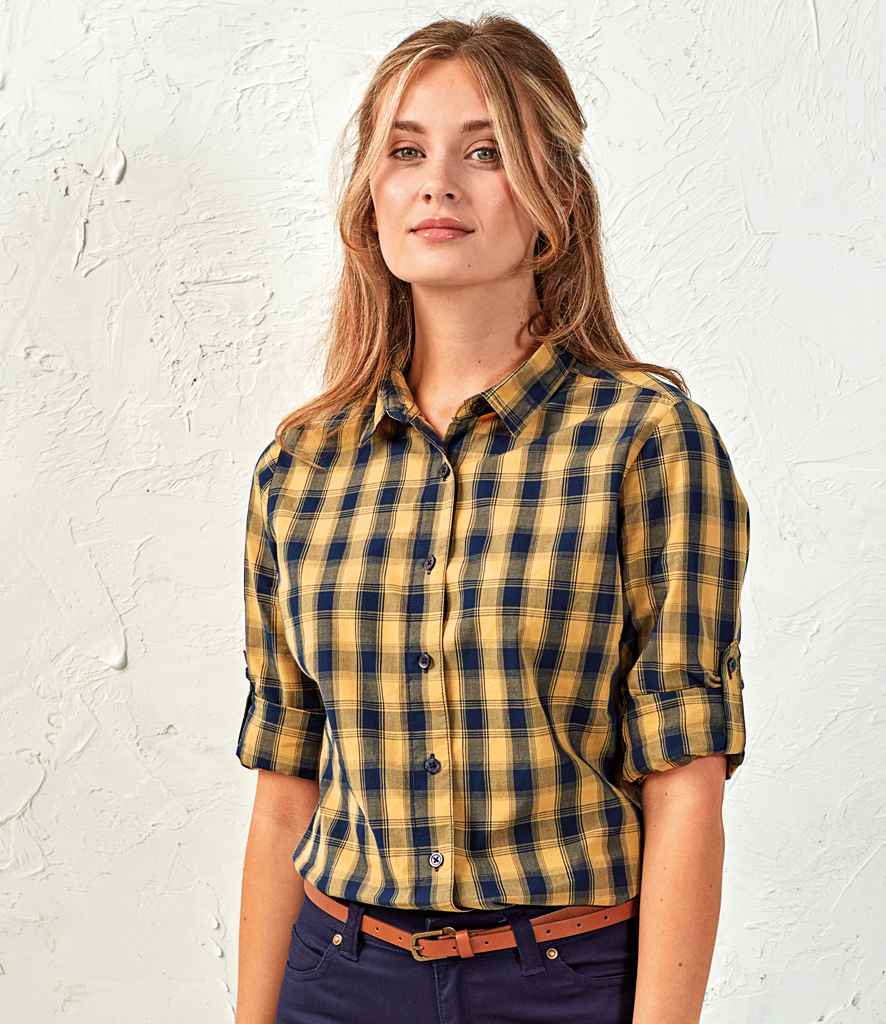 Premier Ladies Mulligan Check Long Sleeve Shirt in Camel Navy by Premier — Custom branded clothing by Print Press, featuring premium embroidery produced in our specialist print lab in the UK.