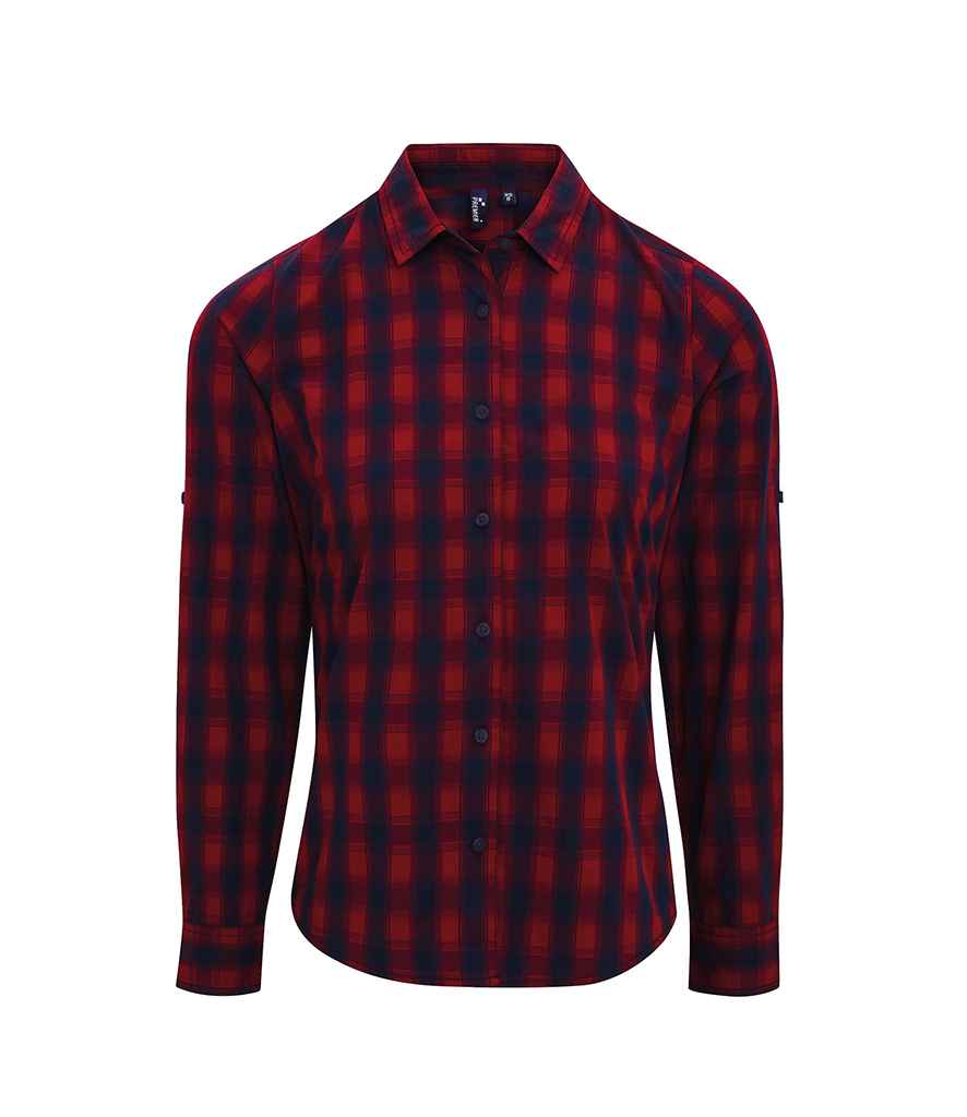 Premier Ladies Mulligan Check Long Sleeve Shirt in Red Navy by Premier — Custom branded clothing by Print Press, featuring premium embroidery produced in our specialist print lab in the UK.